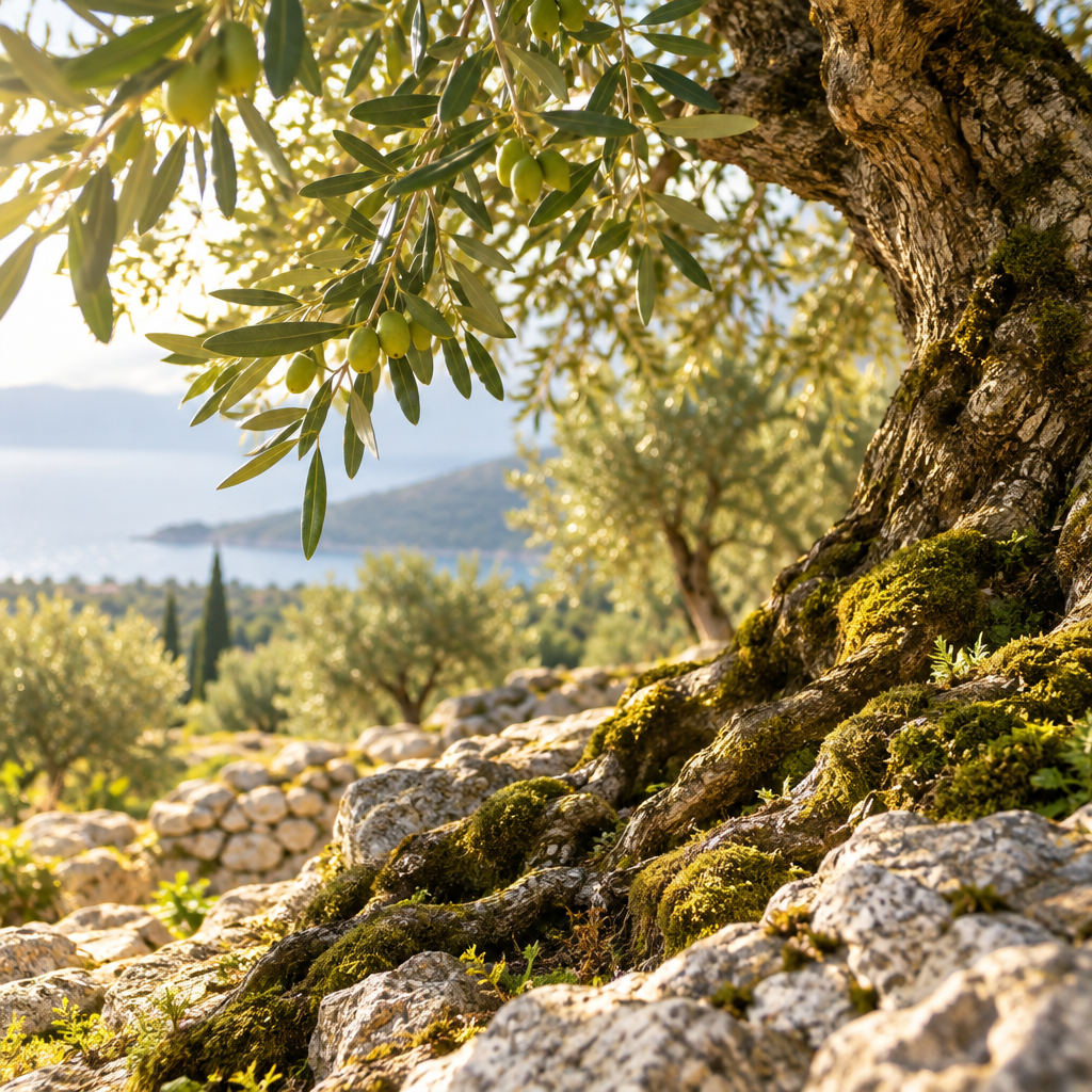 Sunlight across the roots and branches of an old olive tree