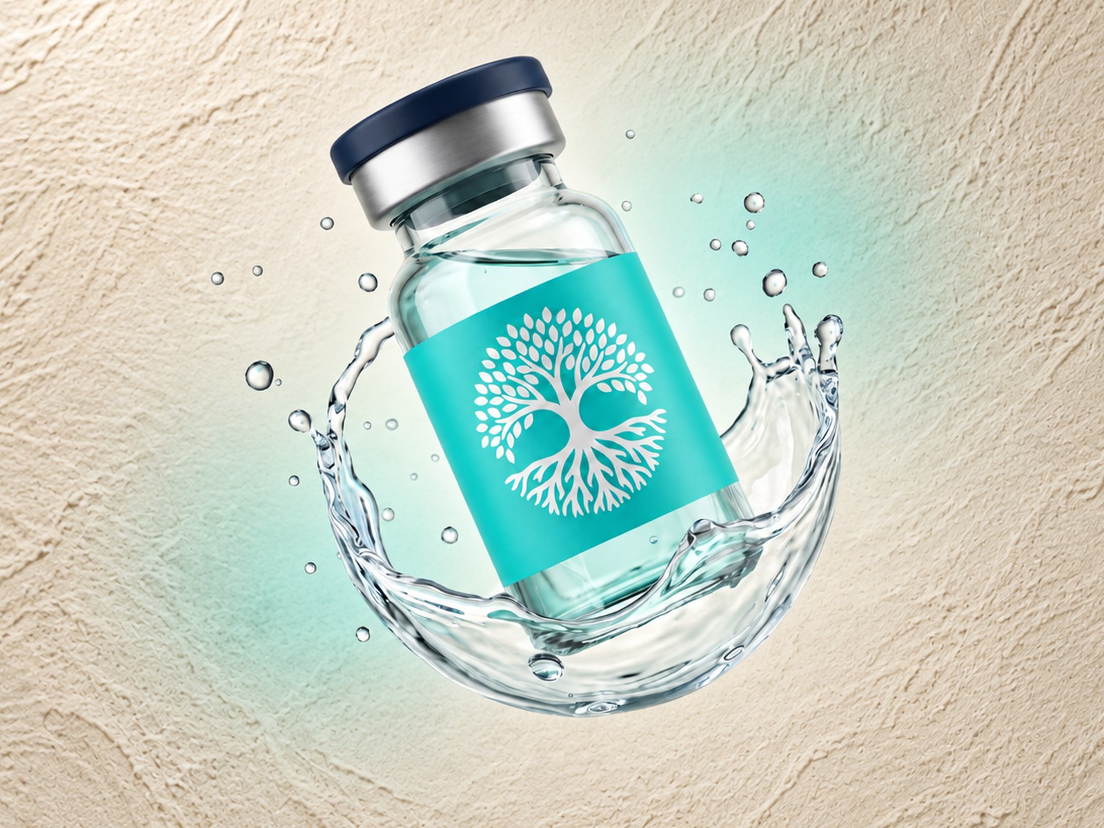 A glass care vial with a turquoise label floating inside a clear water splash